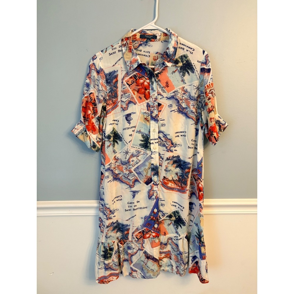 Peter Som for DesigNation Anthropologie St Barth Postcard Map Shirt Dress Size 6